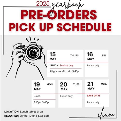 Pick up yearbooks 5/15-5/21 near the cafeteria. School ID or 5 Star account required.